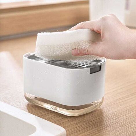 Dispensador de jabón multifuncional, dispensador de detergente para fregadero, botella de jabón de manos, tipo pulsador, con función de almacenamiento. (1/4)