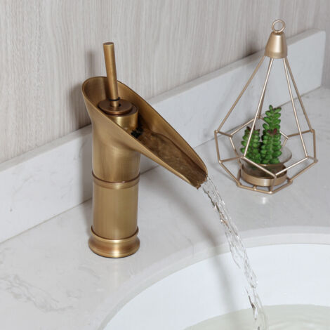 Grifo de lavabo antiguo de latón estilo retro, grifo mezclador monomando con efecto cascada, grifo de latón (1/5)