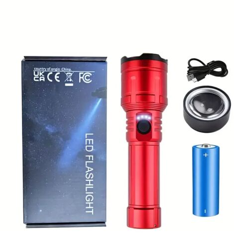 Linterna LED retráctil para exteriores Aurora, carcasa de aleación de aluminio, iluminación de alta intensidad, indicador de batería, carga directa USB, color rojo. (1/5)