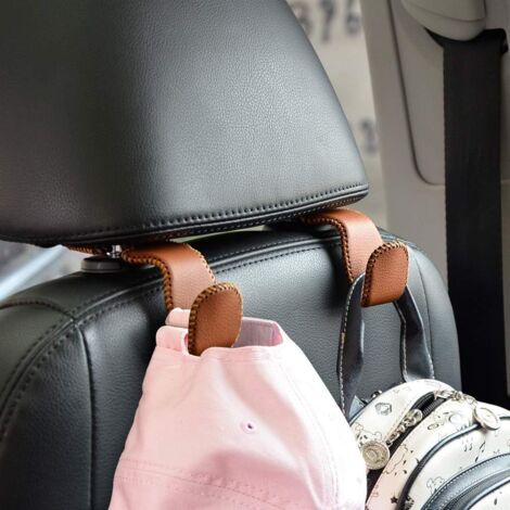 Ganchos universales para coche, ganchos para reposacabezas de los asientos traseros, de microfibra, acero inoxidable, para bolsos, carteras, ropa, bebidas y comestibles (marrón). (1/4)