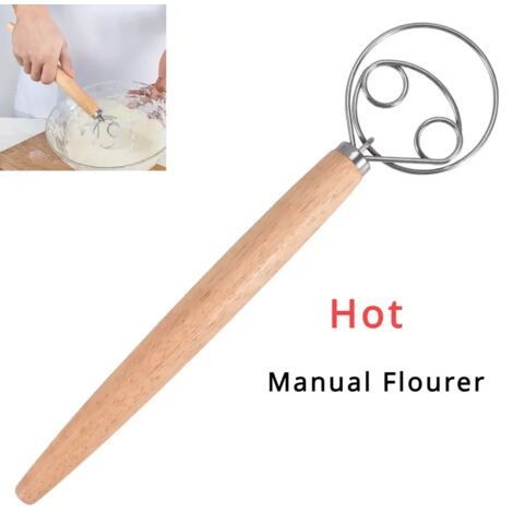 Utensilios para hornear, gancho para amasar danés, batidora de mano de acero inoxidable para masa de pan holandés, utensilios de cocina con mango de madera, batidora de mano (1/5)