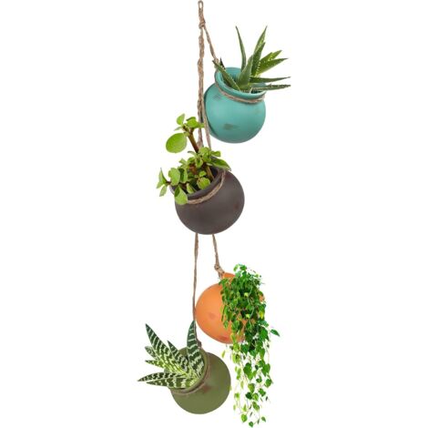 Maceta colgante de cerámica (juego de 4 piezas), maceta colgante multicolor con cuerda de yute. (1/5)