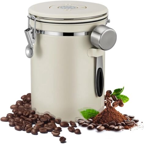 Lata de café - Recipiente para almacenar café - Organizador de café - Tarro de almacenamiento - Tarro de almacenamiento - Tarro de almacenamiento de 1800 ml - Cuchara medidora plateada