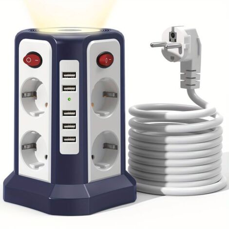 Enchufe vertical estándar europeo, regleta con cargador USB y cable de extensión, regleta doméstica con cable y enchufe con protección contra descargas eléctricas.