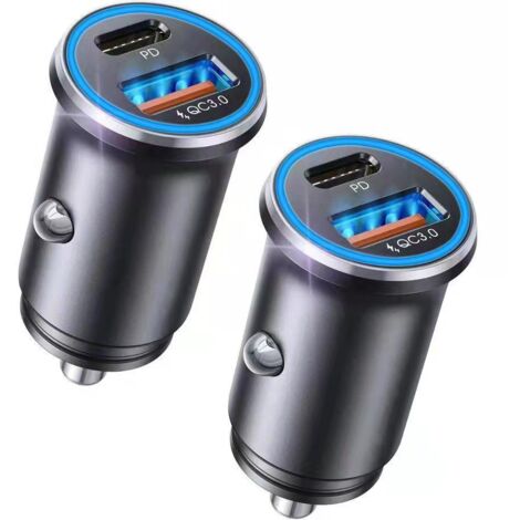 Dos cargadores de coche de aleación de aluminio, carga rápida PD dual de 30 W, compatibles con dos tomas de mechero del coche. (1/2)