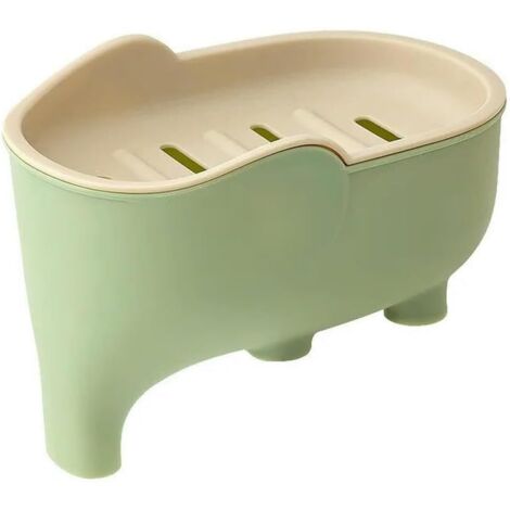Jabonera de doble capa con forma de elefante, bonita y creativa, accesorio de baño, decoración del hogar, escurridor verde a prueba de fugas para niños y estudiantes. (1/4)