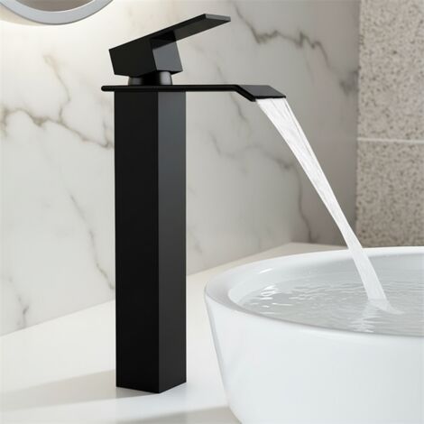 Grifo de lavabo tipo cascada de acero inoxidable negro, caño alto, grifo mezclador de baño con manija cuadrada, grifo de agua fría y caliente. (1/5)