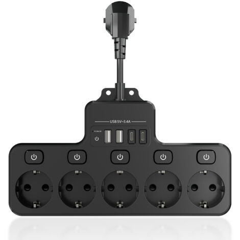 Regleta eléctrica con cable corto, 5 enchufes, regleta USB tipo C, enchufe multifunción, cable de extensión, con interruptor, USB, toma de corriente, adecuada para el hogar y la oficina, 1 unidad, col (1/5)
