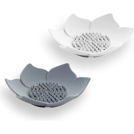 Juego de dos jaboneras con escurridor, jabonera de cocina, jabonera de baño, jabonera con forma de pétalo (blanca y gris) (1/5)