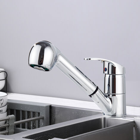 Grifo de cocina con 2 tipos de chorro, giratorio 360°, grifo de fregadero extensible de acero inoxidable, grifo mezclador de alta presión, color plata. (1/2)