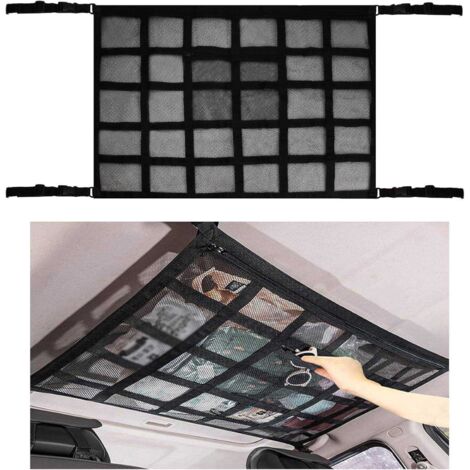 Redes de almacenamiento para techo y cielo raso, bolsillos de malla universales de 90 cm x 65 cm con bolsillos ajustables, organizador de equipaje para SUV/furgonetas. (1/5)