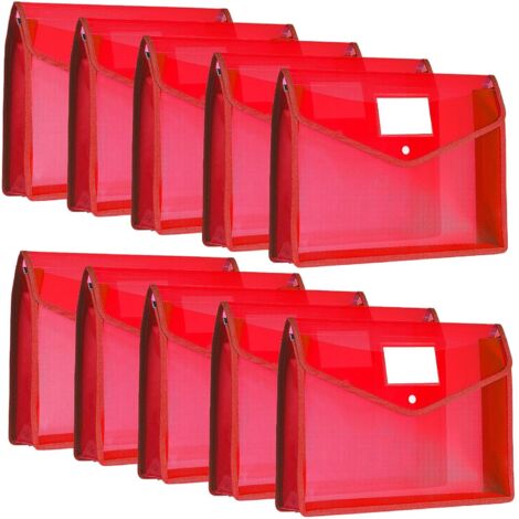 Carpeta expandible de plástico tipo sobre de 10 piezas con cierres a presión y bolsillos, tamaño A4, impermeable y transparente (roja, formato horizontal). (1/4)