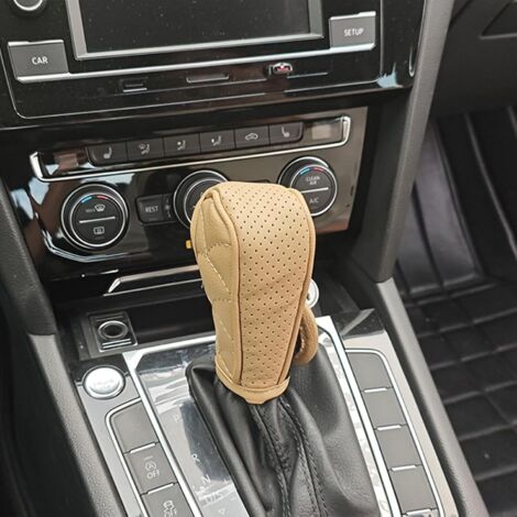 Funda de cuero sintético PU para la palanca de cambios del coche, a prueba de polvo, impermeable y transpirable, para palancas de cambio manuales/automáticas (beige). (1/5)