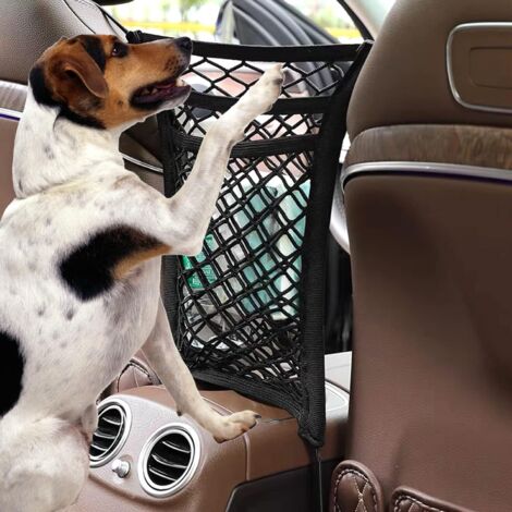 Bolsa de almacenamiento para coche de malla de 3 capas, bolsillos de malla en la parte trasera de los asientos, red protectora para mascotas y niños en la parte trasera. (1/3)