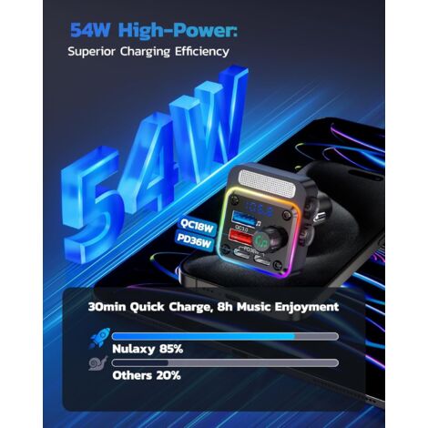 Adaptador Bluetooth 5.3 para coche con 4 puertos de carga [PD 36W y QC3.0 18W], transmisor de radio FM inalámbrico, reproductor de subwoofer, retroiluminación LED de 5 colores, llamadas manos libres,  (1/5)