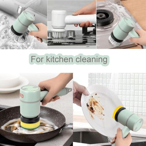 Cepillo de limpieza eléctrico inalámbrico USB multifuncional con 6 cabezales intercambiables, ideal para limpiar suelos de baño, ventanas, cocinas, etc. (verde) (1/5)