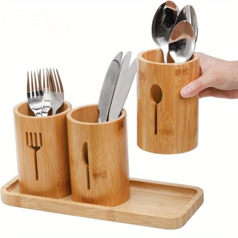 Organizador de cubiertos de bambú de tres niveles, imprescindible para guardar cuchillos y tenedores: un estante de almacenamiento de madera multifuncional con una bandeja deslizante, perfecto para la