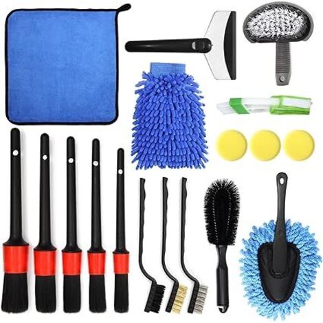 Kit de lavado y limpieza de autos de 18 piezas, kit de cepillos para neumáticos, kit de cuidado interior y exterior. (1/5)