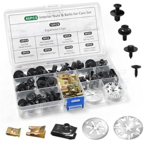 Juego de 80 piezas que incluye tornillos, tuercas y clips de fijación para chapa metálica, además de clips de montaje metálicos en forma de U para asegurar y reparar piezas de automóviles. (1/5)