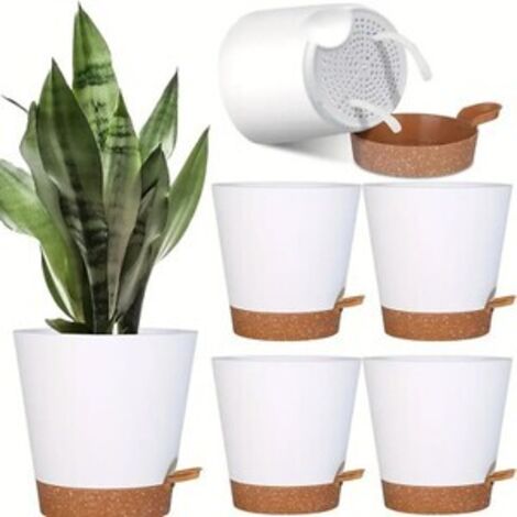 Juego de 5 macetas con autorriego para plantas de interior y exterior, jardín - Maceta blanca + base marrón (1/5)