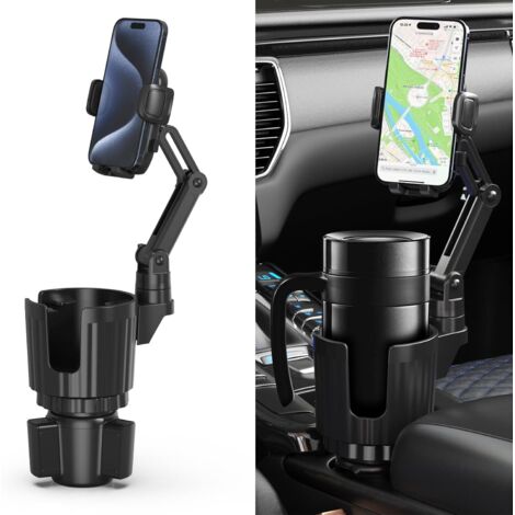 Soporte para teléfono de coche, portavasos universal 2 en 1, base ajustable, con soporte para teléfono, brazo largo con portavasos giratorio de 360°, soporte para teléfono de coche, compatible con tod (1/5)