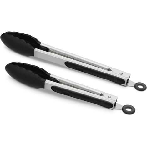 Pinzas de cocina negras de 2 piezas, silicona premium, sin BPA, acero inoxidable antiadherente, para asar y cocinar a la parrilla, pinzas para alimentos con cierre, 9 y 12 pulgadas. (1/5)