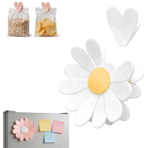 Clip magnético 2 en 1 con forma de flor para bolsas de patatas fritas, ideal para la cocina, la oficina y taquillas. Clip 3D con forma de flor para bolsas de aperitivos. Incluye 2 pequeños clips magné (1/3)