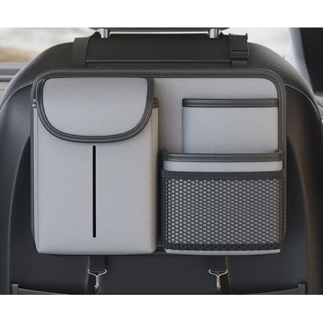Bolsillo de cuero para el respaldo del asiento del coche con portavasos y portapañuelos, correa de almacenamiento con múltiples bolsillos, correa de hombro ajustable, apto para SUV, camionetas y sedan (1/4)