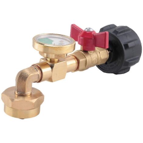 A propane filling adapter with a valve and pressure gauge, capable of filling a 20-pound propane tank into a 1-pound propane cylinder, with a 90-degree elbow.