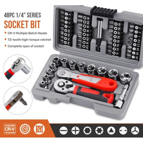 1/4" drive quick-release ratchet and bit set, Cr-V steel with Phillips/slotted screwdriver for automotive repair and hand tools (1/4)