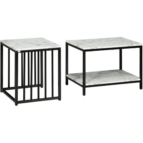 Lot de 2 tables d'appoint tables gigognes tables basses empilables avec plateau aspect bois effet marbre cadre en métal (1/5)
