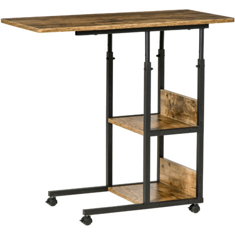 Table basse industrielle en forme de C, table de chevet design réglable en hauteur, 3 étagères et 4 roulettes avec freins, marron rustique (1/5)