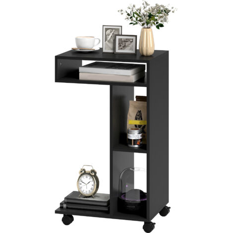 Table d'appoint en forme de C, table de chevet à 4 étagères, roulettes, table basse, table de salon, table pour ordinateur portable pour salon/chambre, 40 x 30 x 69 cm, noire (1/5)