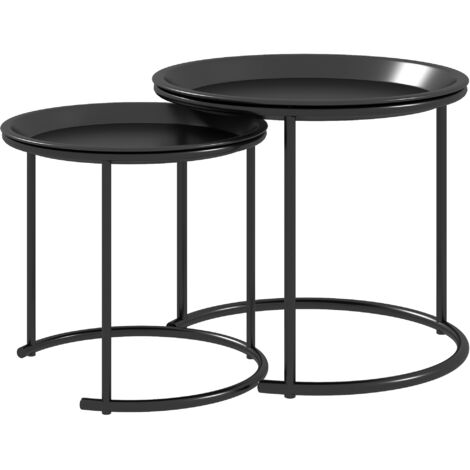 Lot de 2 tables basses rondes gigognes plateaux amovibles style industriel en acier Ø 43 et Ø 35 cm noir (1/5)