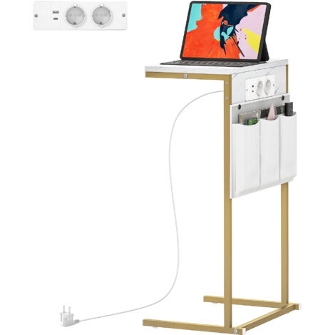 Table basse en forme de C avec prises électriques et USB intégrées, blanche (1/5)