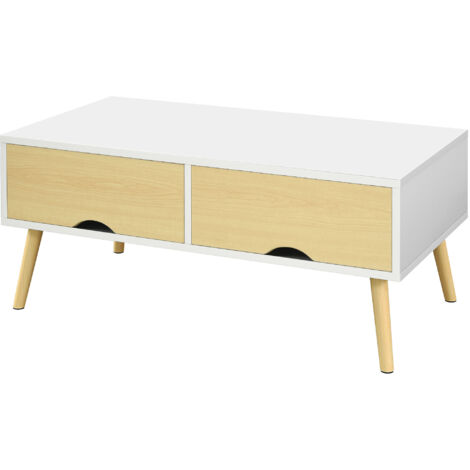 Table basse de salon rectangulaire avec 2 tiroirs et 1 compartiment ouvert 90 x 48 x 39 cm blanc et naturel (1/5)