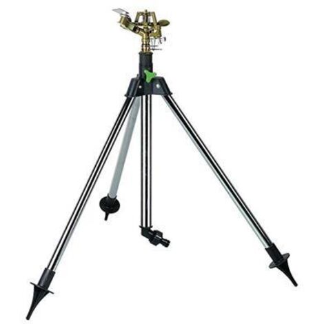 Ribiland – Arroseur cracheur métal sur trépied réglable 52-82cm – Secteur 0-360° – Surface jusqu'à 500m² – Longueur de jet ajustable