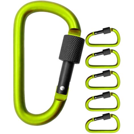 Lot de 5 grands mousquetons à vis pour fixation d'équipement, aluminium, 8 cm, vert clair, noir, lot de 5. (1/3)