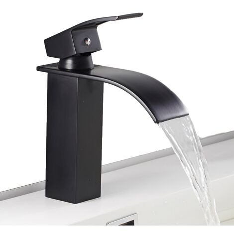 Robinet de Salle de Bain Cascade à Levier Unique Noir, Mitigeur de Lavabo Carré Laiton, Haut Mitigeur Vasque à Poser Eau Chaude et Froide (1/5)