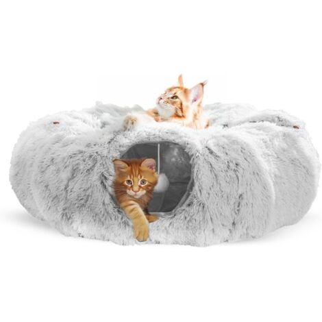 Houhence – Tunnel pour chat rond avec coussin – 90 cm de long – Matériau doux et pelucheux – Pour chats et petits animaux jusqu'à 10 kg