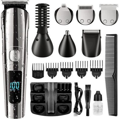 Trimec – Tondeuse barbe sans fil étanche – Kit de toilettage tout-en-un avec 6 têtes de coupe – Lame acier inoxydable – Rechargeable USB