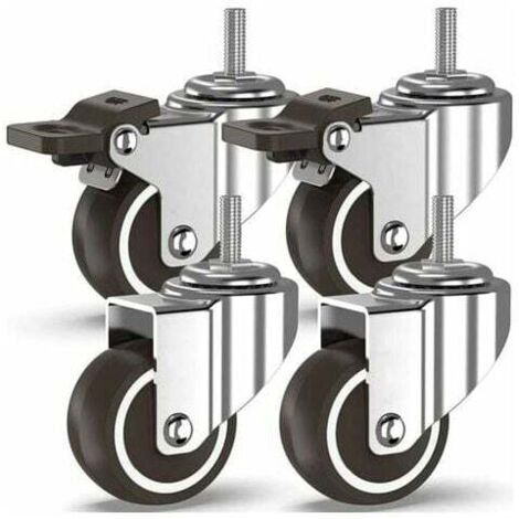 50 mm Roulettes pivotantes 4 à tiges filetées, roulettes pour meubles, roues à freins pour transport industriel de planches (avec tiges M10, 2 avec freins, 2 sans freins)