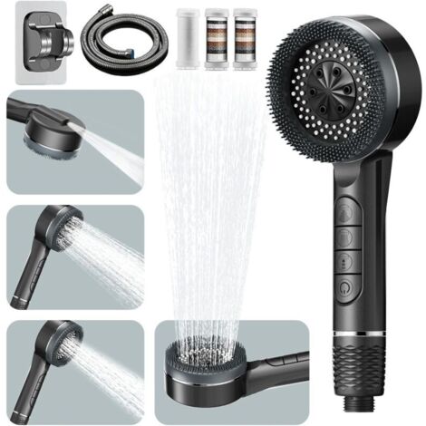 Pommeau deouche Haute Pression, Pommeau Douche Economie Deau 4 Types de Jets Pommeau de Douche Anti Calcaire avec Tuyau Douche 1.5M et Support de Douche, avec Bouton D'arrêt D'eau,Gris (1/5)