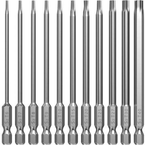 Lot de 11 embouts Torx longs, 100 mm, extra longs, magnétiques, embouts longs, jeu de tournevis hexagonaux, T6, T7, T8, T9, T10, T15, T20, T25, T27, T30, T40, 1/4" tige hexagonale (1/5)