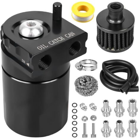 Oil Catch Can Universal 300 ml (noir) – Réservoir séparateur d'huile avec filtre à air et accessoires, réservoir de récupération d'huile en aluminium pour voiture/moto (1/5)