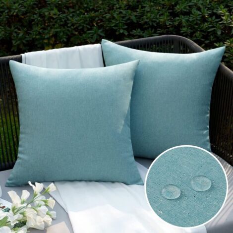 EMEMA Taie d'oreiller Extérieure Imperméable en Polyester Doux avec Surface Hydrofugfe Housse de Coussin de Jardin Balcon Décoratif pour Salon Chambre Lot de 2 45x45cm Cyan (1/5)