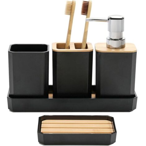 FEILANDUO Ensemble d'accessoires de salle de bain 5 pièces,Ensemble cadeau d'accessoires de salle de bain, distributeur de savon, porte-savon, bohème, décoration de salle de bain moderne (Noir) (1/5)