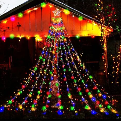 Décorations de Noël extérieures : cascade lumineuse de 3,8 m, 350 LED, 8 modes, multicolore, pour sapin de Noël, maison, cour, porche, patio, jardin (1/5)
