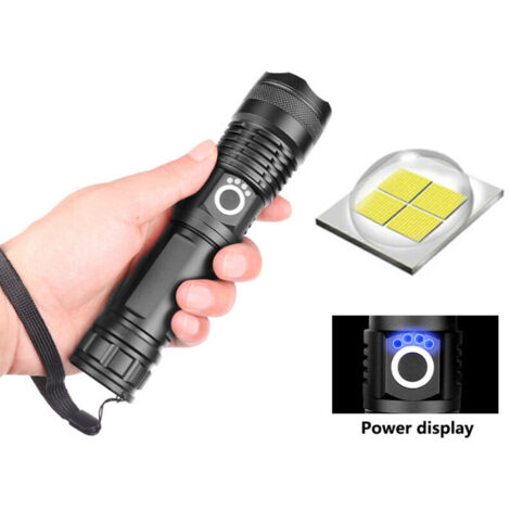 Lampe Torche LED Ultra Puissante, 12000 Lumens Lampe de Poche Rechargeable, XHP70.2 Lampe Tactique, IP67 Étanche, 5 Modes USB Torche, pour Camping Randonnée Urgence (avec 5000mAh batterie) [Classe éne (1/5)