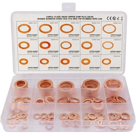 150pcs Rondelle Cuivre Joint Vidange Assortiment Kit M5, M6, M8, M10, M12, M14,M16,M18,M20,M22, 15 Tailles,Rondelle Plate pour L\'tanchit des Vis Bagues D\'tanchit (1/4)